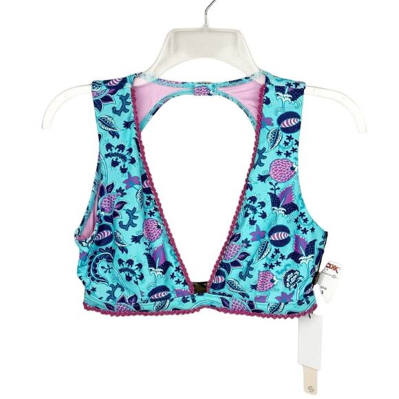 Nanette Lepore Turquoise Boho Floral "Alana Apex" Triangle Bikini Swim Top Sz 4 - Picture 1 of 14